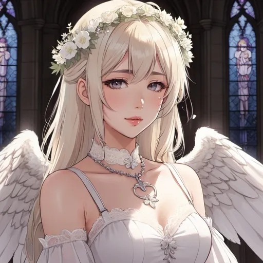 Prompt: anime, soft, drawing, angelcore, animecore
girl, blonde-silver hair fading into ombre, icy narrowed eyes, rosy tinted lips
choker, elegant light lace dress, white harness, small angelic wings, delicate flower crown
fallen church