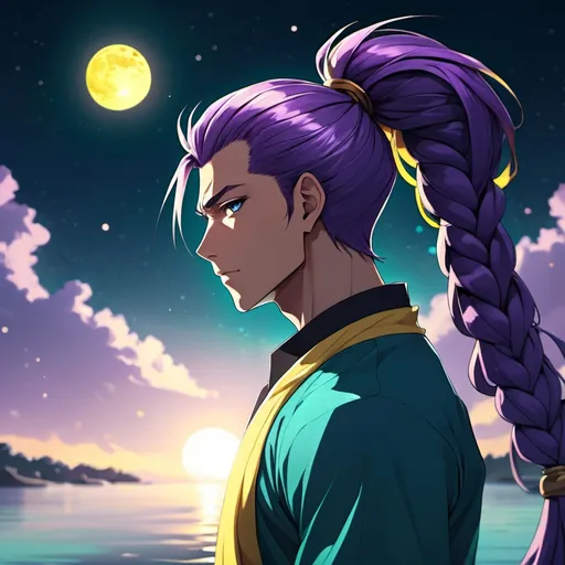 Prompt: anime guy, strong, handsome, king, violet, yellow, teal, tall, ponytail, braids, sun, moon, night, water