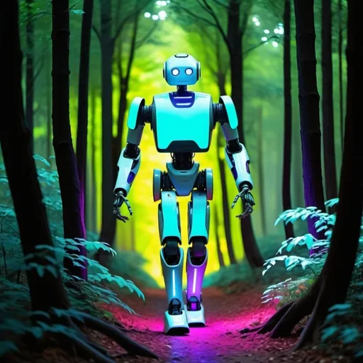 Prompt: Un robot de aspecto futurista caminando en un bosque lleno de árboles altos y con luces de neón en el fondo