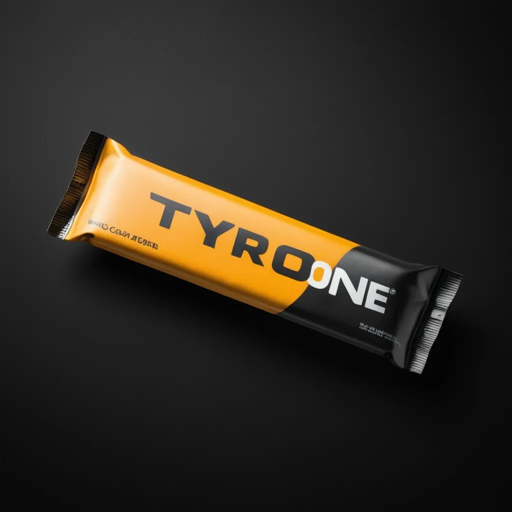 Prompt: A snack bar with a modern, minimalist design. The front has no text except for large "TyrOne". Product photography.