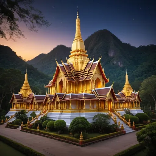 Prompt: Generate a stunning, high-resolution image of the most beautiful Thai temple in the world. The scene is set at night, with the temple illuminated by soft, warm lights that highlight its intricate architecture and golden details. The temple is surrounded by lush trees, creating a serene and mystical atmosphere. The setting is in a peaceful valley, with the silhouettes of distant hills and a clear, star-filled sky above. The overall mood should be tranquil and awe-inspiring, capturing the serene beauty of the temple in its natural, picturesque environment."