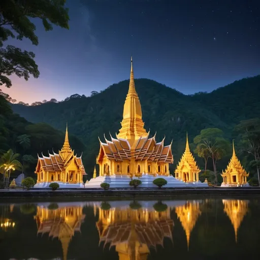Prompt: Generate a stunning, high-resolution image of the most beautiful Thai temple in the world. The scene is set at night, with the temple illuminated by soft, warm lights that highlight its intricate architecture and golden details. The temple is surrounded by lush trees, creating a serene and mystical atmosphere. The setting is in a peaceful valley, with the silhouettes of distant hills and a clear, star-filled sky above. The overall mood should be tranquil and awe-inspiring, capturing the serene beauty of the temple in its natural, picturesque environment."