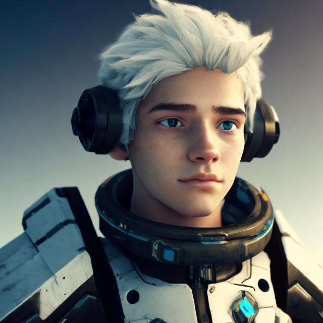 Prompt: Young celebrity mech pilot in the year  17024.  Somewhat grizzled but around 19 years old. Male. White hair. facial hair. 