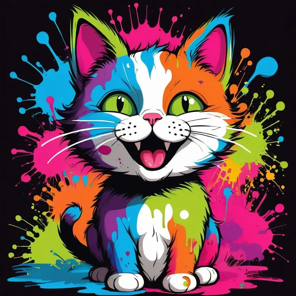 Prompt: Happy cat, simple vector line art, colorful, graffiti splashes, t shirt art












