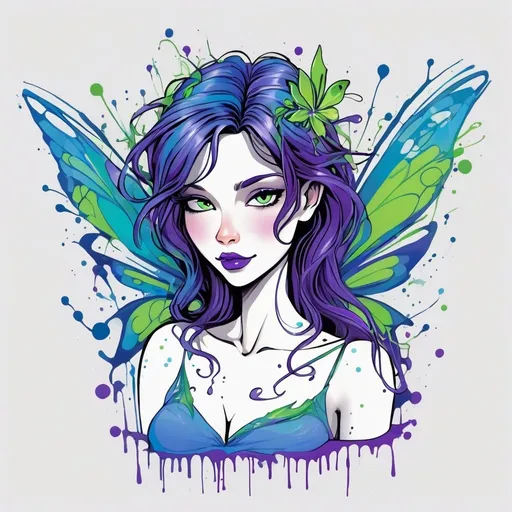 Prompt: Colorful line art fairy, graffiti splashes of shades of blue , purple & green, simple, t shirt art


