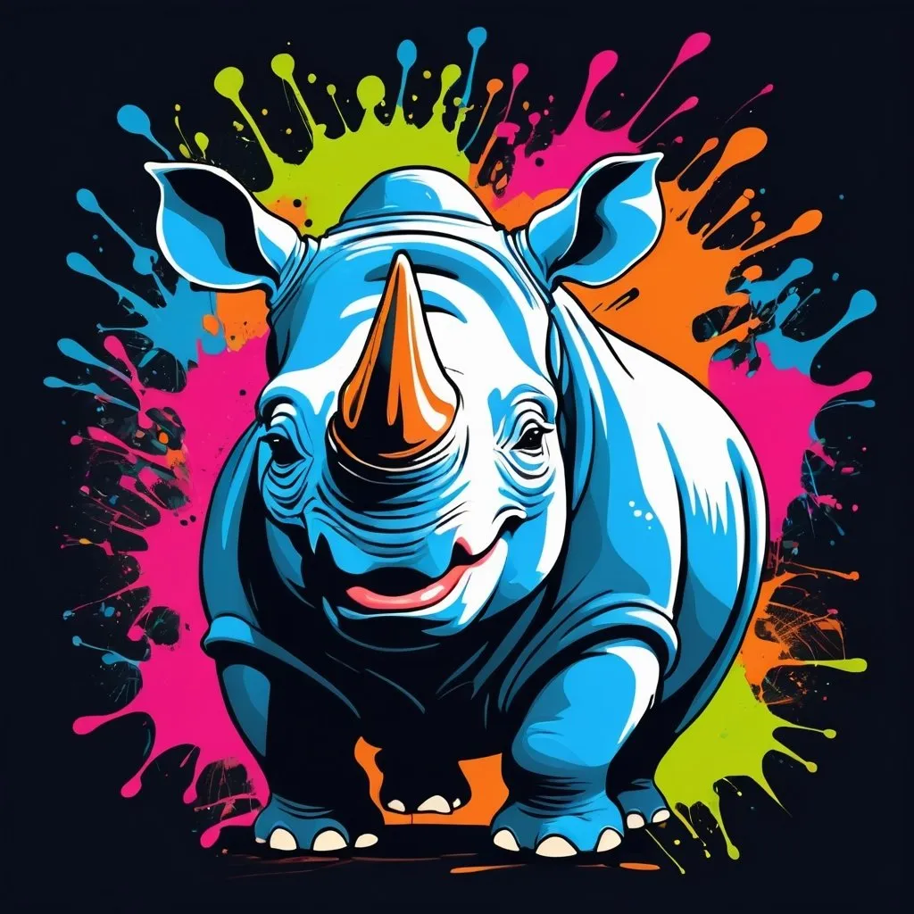 Prompt: Happy rhino, simple vector line art, colorful, graffiti splashes, t shirt art












