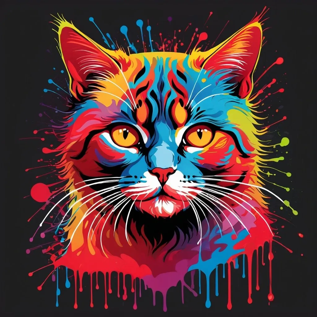 Prompt: Colorful vector art line drawing of a cat, graffiti splashes of shades of red
