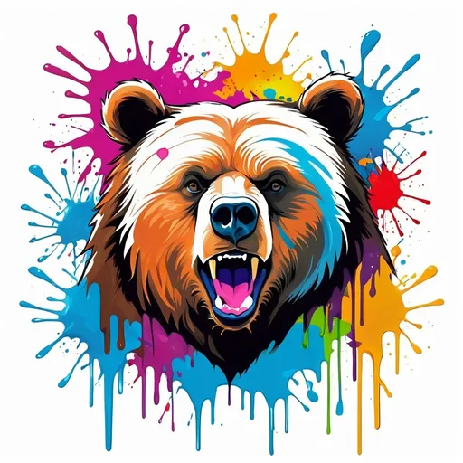 Prompt: Colorful graffiti illustration of a grizzly bear, paint splashes, vector t-shirt art, white background