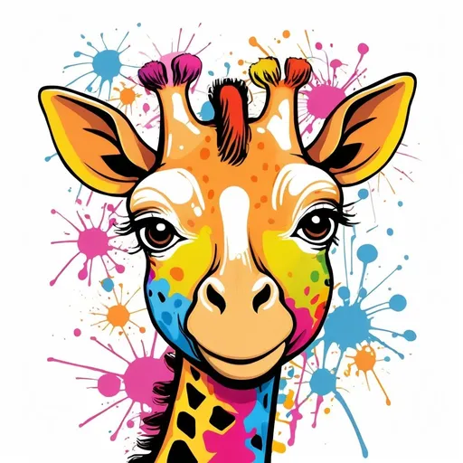 Prompt: Happy giraffe, simple vector line art, colorful, graffiti splashes, t shirt art












