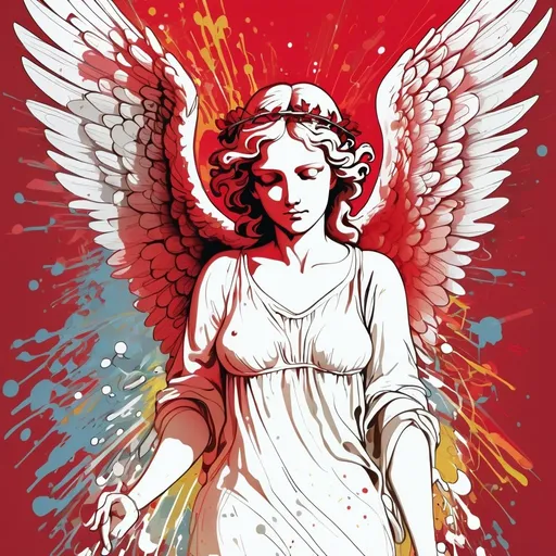 Prompt: Colorful vector art line drawing of an angel graffiti splashes of shades of red

