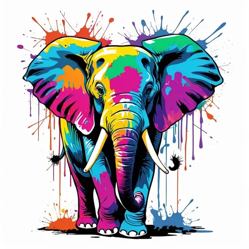 Prompt: Colorful graffiti illustration of an elephant, paint splashes, vector t-shirt art, white background
