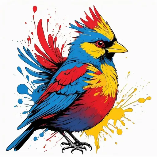 Prompt: colorful bird simple line art, color splashes of red, blue, and yellow, vector t shirt art.




