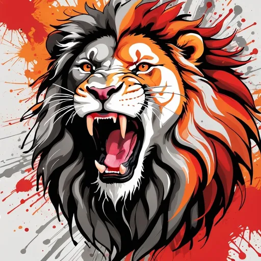 Prompt: Colorful roaring lion, line art, graffiti splashes of shades of red, orange, and gray








