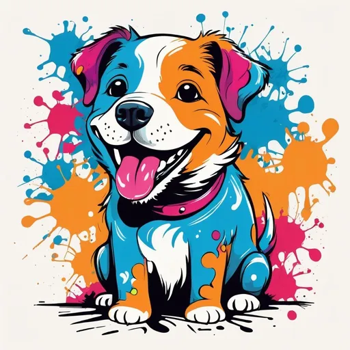Prompt: Happy dog, simple vector line art, colorful, graffiti splashes, t shirt art












