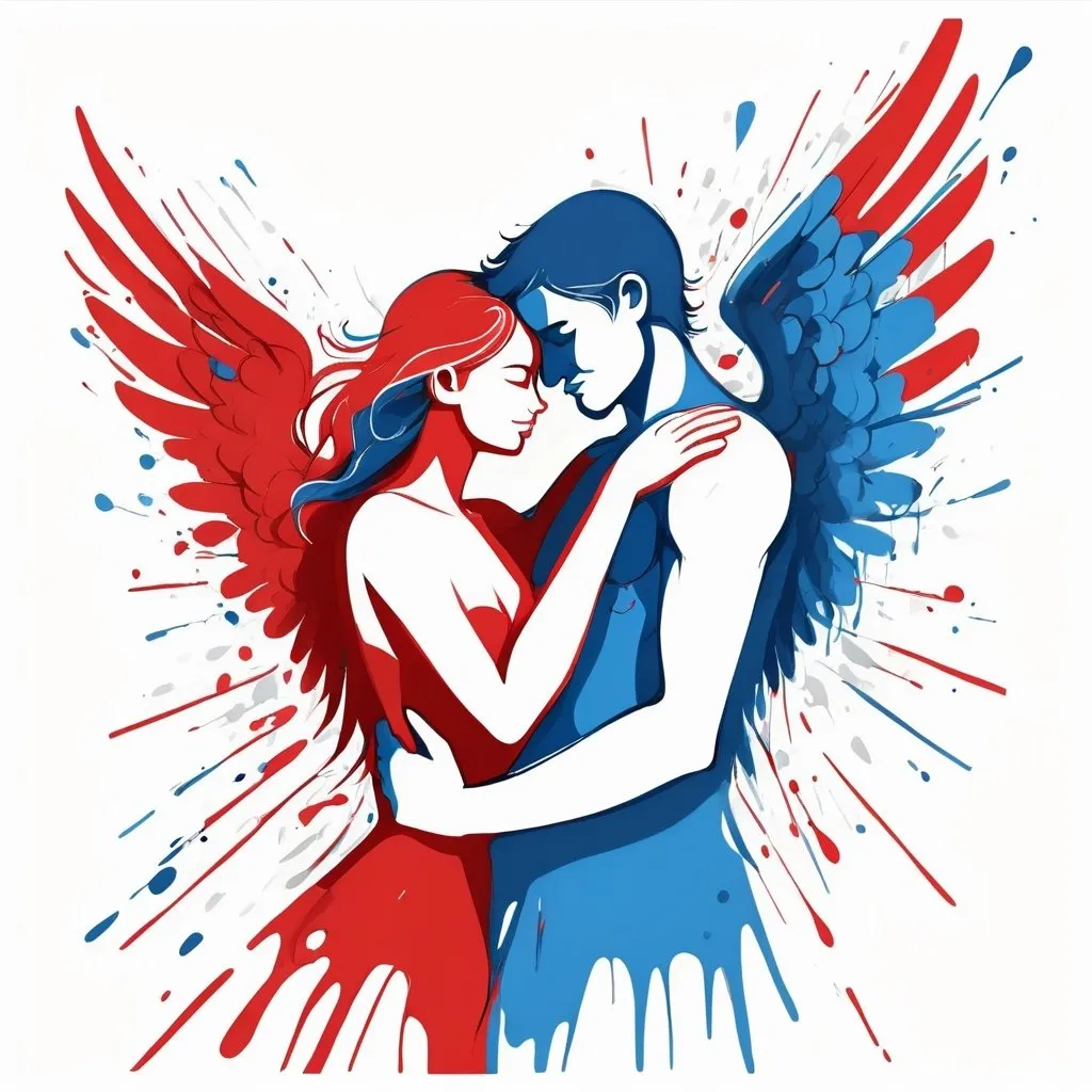 Prompt: Male and female angel hugging, simple line art, dynamic pose, graffiti splashes of shades of red and blue
