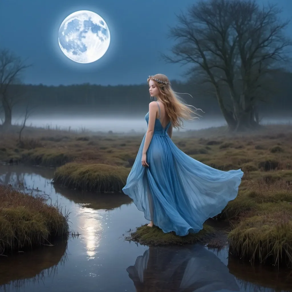 Prompt: Fairy wearing a flowing blue dress in a misty bog looking at a full moon

