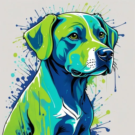 Prompt: Colorful line art dog, graffiti splashes of shades of blue and green, simple, t shirt art

