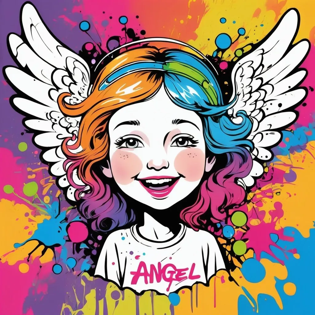 Prompt: happy angel, simple vector line art, colorful, graffiti splashes, t shirt art












