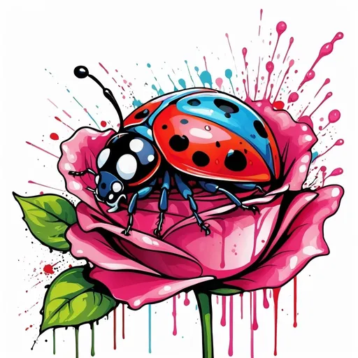 Prompt: lady bug on rose, colorful graffiti splashes, line art, simple t shirt art












