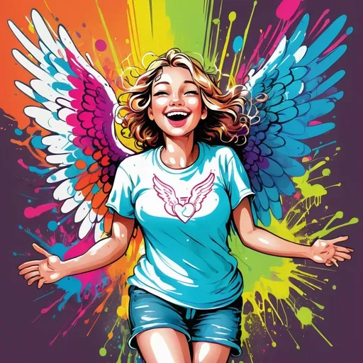 Prompt: Happy angel in colorful, vector line art, graffiti splashes, t shirt art, vibrant colors, playful and cheerful, high quality, vector art, simple yet detailed, graffiti style, angel wings, joyful expression, professional, vibrant lighting, dynamic pose, splashes of color, street art style