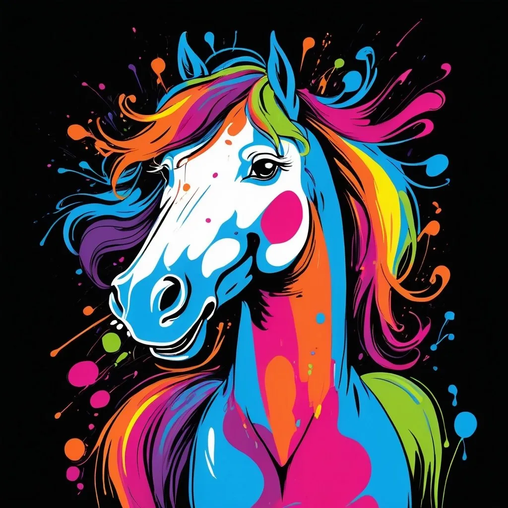 Prompt: Happy horse, simple vector line art, colorful, graffiti splashes, t shirt art












