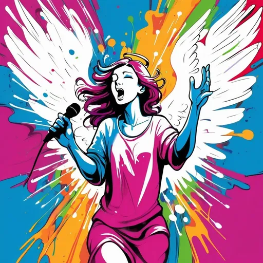 Prompt: singing angel, graffiti splashes, simple line art, colorful dynamic pose