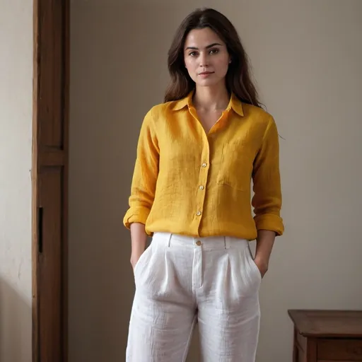 Prompt: A full  standing photo of a woman model wearing a pure linen deep
 yellow shirt and white linen pant. Highlight the linen fabric in the best possible way. The model should be in a cozy vintage bedroom