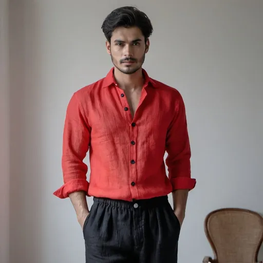 Prompt: a full standing photo of a male model wearing pure linen red shirt and black button and pure linen white linen pant.  highlight the linen pant in best possible way. model should be in a cosy vintage bedroom.
