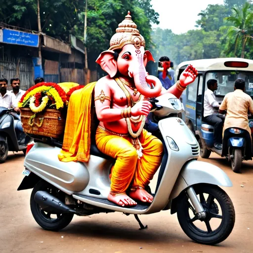 Prompt: Vinayagar with Bajaj Chetak i need crative