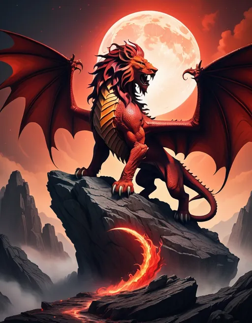 Prompt: A regal hybrid of a dragon and a lion standing on a rocky outcrop under a blood-red moon. Its mane is made of flaming tendrils, and its dragon wings extend majestically. Its roar shakes the earth, embodying both strength and majesty.