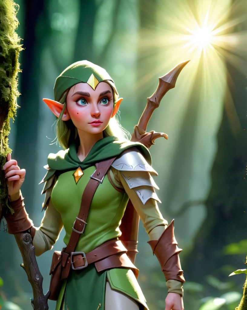 Prompt: Elf ranger in a mystical forest around sunlight