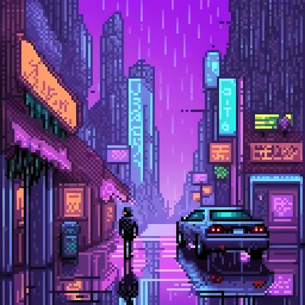 Prompt: Futuristic city in a distance with tall buildings, neon signs and rain