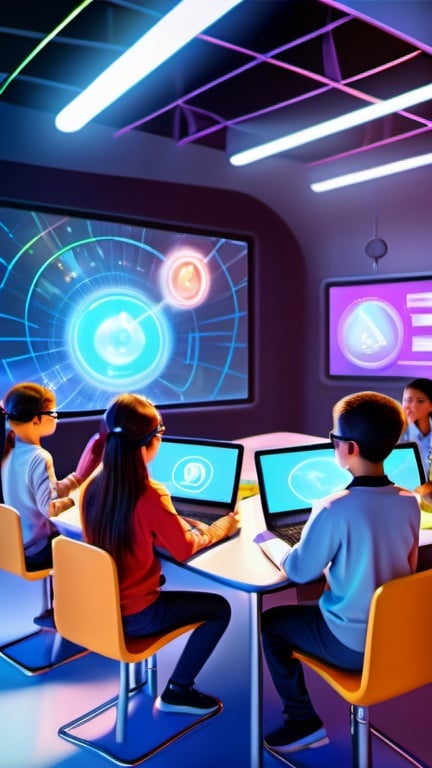 Prompt: Virtual classroom, digital painting, futuristic technology, diverse group of students, interactive holographic displays, immersive learning environment, high definition, vibrant colors, dynamic lighting, futuristic school setting, ultra-detailed, hi-tech, educational technology, modern, professional, engaging atmosphere