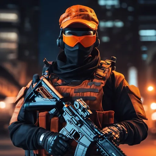 Prompt: A ultra realistic Tactical Orange Ninja at night, his name is arin, complex build, a tactical leather uniform, tactical eyeglasses, holding a Assault rifle, Doing Something good, realistic photography