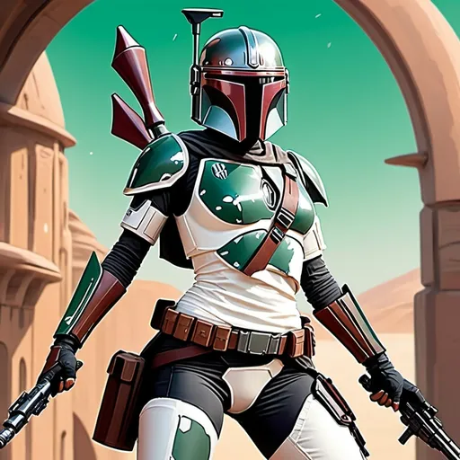 Prompt: female Mandalorian warrior in minty green and white revealing armor, wielding a rifle, action pose, Star Wars art, cartoon style, star-port in background, 2D art, full figure with bare thighs and stomach, dynamic pose, detailed armor, vibrant colors, action-packed, professional 2D illustration