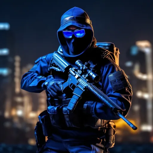 Prompt: A ultra realistic Tactical Blue Ninja at night, his name is Jay walker, complex build, a tactical leather uniform, tactical eyeglasses, holding a Sniper rifle, Doing Something good, realistic photography