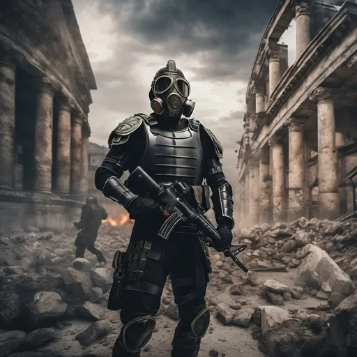 Prompt: Several modern roman military male in black military roman armor, and gas mask, background ruined city, Hyperrealistic, sharp focus, Professional, UHD, HDR, 8K, Render, electronic, dramatic, vivid, pressure, stress, traumatic, dark.