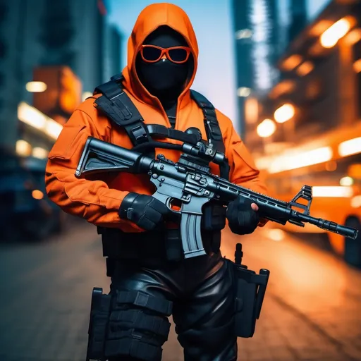 Prompt: A ultra realistic Tactical Orange Ninja at the city at night, complex build, his name is Arin a tactical leather uniform, Wearing a tactical Shades Eyeglasses, holding Assault rifle, realistic photography