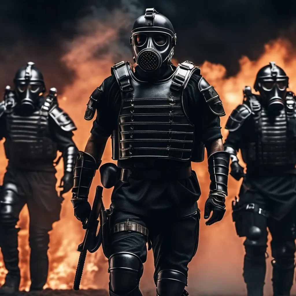 Prompt: Several modern roman military male in black military roman armor, and gas mask, background dark battle, Hyperrealistic, sharp focus, Professional, UHD, HDR, 8K, Render, electronic, dramatic, vivid, pressure, stress, traumatic, dark.