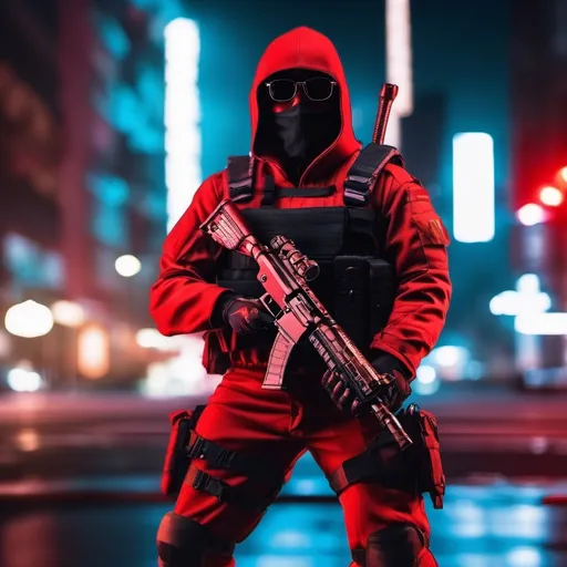 Prompt: A ultra realistic Tactical Red Ninja at the city at night, complex build, his name is Kai, a tactical leather uniform, Wearing a tactical Shades Eyeglasses, holding Assault rifle, realistic photography