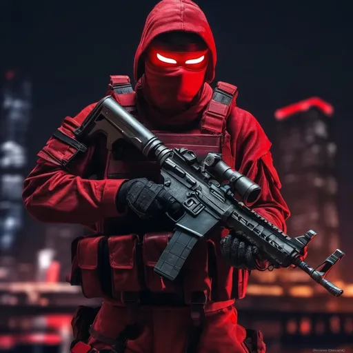 Prompt: A ultra realistic Tactical Red Ninja at night, his name is kai, complex build, a tactical leather uniform, holding a Assault rifle, realistic photography