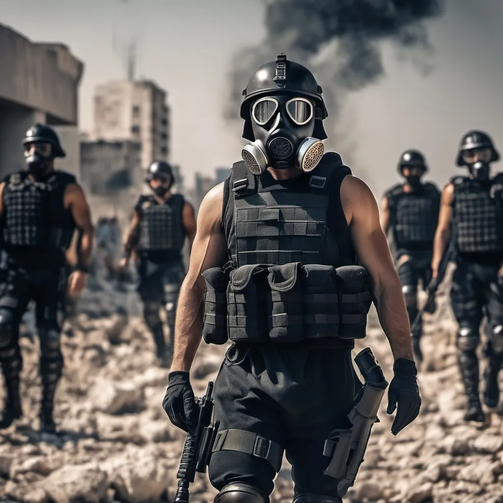 Prompt: Several modern roman military male in black military roman armor, and gas mask, background ruined tel aviv, Hyperrealistic, sharp focus, Professional, UHD, HDR, 8K, Render, electronic, dramatic, vivid, pressure, stress, traumatic, dark.