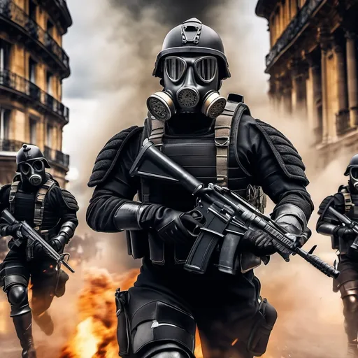 Prompt: Several modern roman military male in black military roman armor, and gas mask, attacking city of paris, sharp focus, Professional, UHD, HDR, 8K, Render, electronic, dramatic, vivid, pressure, stress, traumatic, dark.Several depression modern roman military male in black military roman armor, and gas mask, last stand,Hyperrealistic, sharp focus, Professional, UHD, HDR, 8K, Render, electronic, dramatic, vivid, pressure, stress, traumatic, dark.