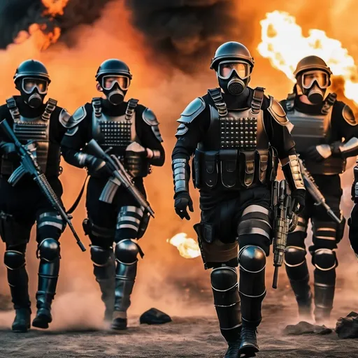 Prompt: Several modern roman military male in black military roman armor, and gas mask, background jakarta on fire, Hyperrealistic, sharp focus, Professional, UHD, HDR, 8K, Render, electronic, dramatic, vivid, pressure, stress, traumatic, dark.