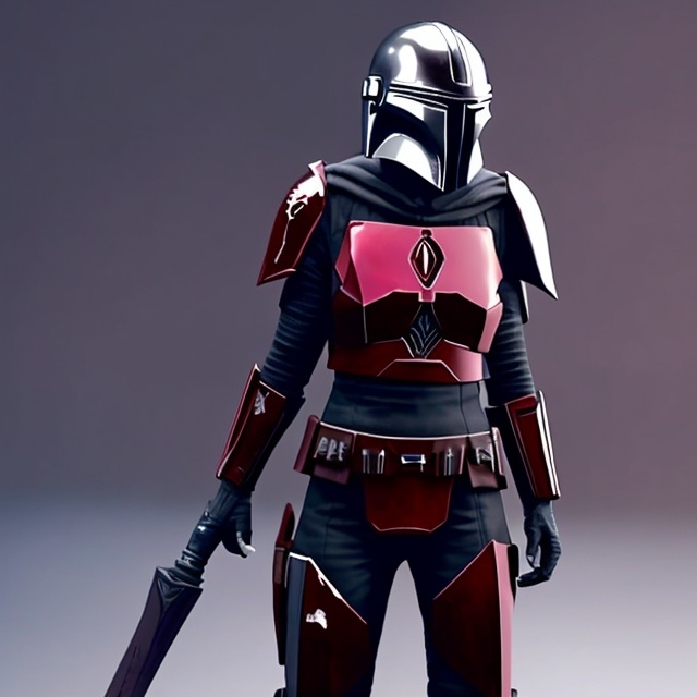 Prompt: Ruby rose  in red mandalorian armor from the neck down, show full head, she has short hair, silver eyes, dangerous but beautiful.