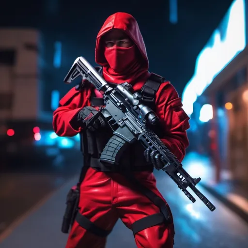 Prompt: A ultra realistic Tactical Red Ninja at night, complex build, a tired leather uniform, holding a Assault rifle, realistic photography