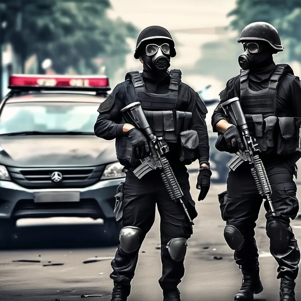 Prompt: Several modern anarchist military male in black military anarchy armor, helmet and gas mask, background ruined jakarta, background damaged police cars, Hyperrealistic, sharp focus, Professional, UHD, HDR, 8K, Render, electronic, dramatic, vivid, pressure, stress, traumatic, dark.


