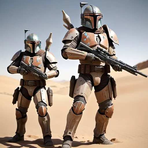 Prompt: 3 Mandalorians with sniper rifle and blaster pistols, rugged and weathered armor, sandy desert planet, dynamic action pose, high quality, detailed 3D rendering, sci-fi, dusty tones, intense sunlight, intricate armor details, intense and focused gaze, cool metallic sheen, best quality, ultra-detailed, action-packed, sci-fi, weathered armor, dynamic pose, desert planet, intense sunlight, dusty tones