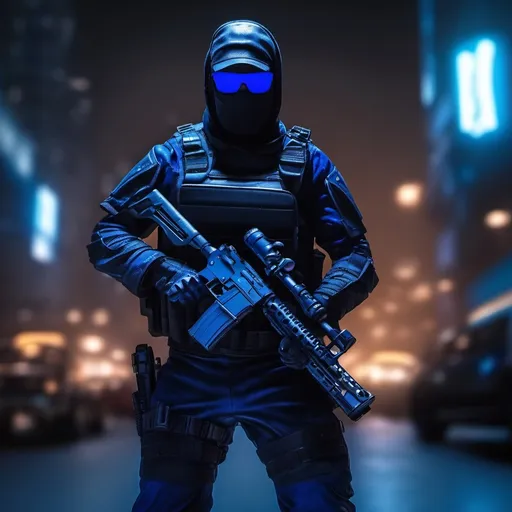 Prompt: A ultra realistic Tactical Blue Ninja at night, his name is Jay, complex build, a tactical leather uniform, Shades, holding a Assault rifle, realistic photography