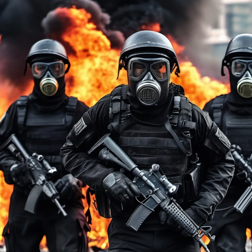 Prompt: Several modern anarchist military male in black military anarchy armor, helmet and gas mask, background jakarta on fire, Hyperrealistic, sharp focus, Professional, UHD, HDR, 8K, Render, electronic, dramatic, vivid, pressure, stress, traumatic, dark.


